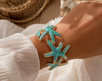 Zeester-manchetarmband | Statementarmband Coastal Beach | Wit of turkooisgouden manchet | Op de oceaan geïnspireerde resortsieraden | Zomervakantie G