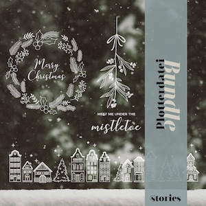 Conjunto SVG de arquivo plotter - Inverno e Natal - visco de paisagem de inverno Guirlanda de Natal decoração de janela de vila de inverno, DXF PNG, modelo de plotter