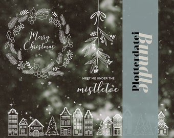 Plotter file SVG Set - Winter & Christmas - Winter landscape mistletoe Christmas wreath winter village window decoration, DXF PNG, plotter template