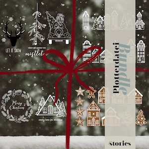 Plotter file SVG Set - Winter & Christmas - Winter landscape gingerbread village mistletoe wreath deer snowflake, DXF PNG plotter template