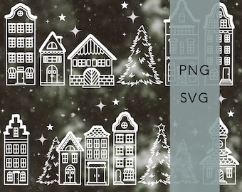 Plotter file SVG - winter landscape Christmas village Christmas window picture houses winter decoration, digital product, plotter templates