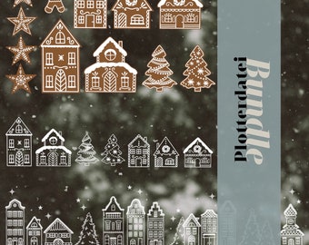 Fichier traceur SVG ensemble - Hiver & Noël - paysage d’hiver village en pain d’épice village d’hiver décoration de fenêtre en pain d’épice, DXF PNG, modèle de traceur