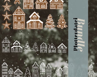 Plotterdatei SVG Set - Winter & Weihnachten - Winterlandschaft Lebkuchendorf Winterdorf Lebkuchen Fensterdeko, DXF PNG, Plotter Vorlage