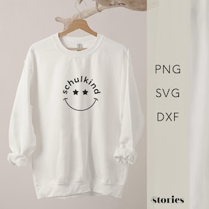 Plotterdatei SVG - Schriftzug Schulkind mit lachendem Gesicht, Schulstart Schulanfang Einschulung Erstklässler, Plotter Vorlage, DXF & PNG
