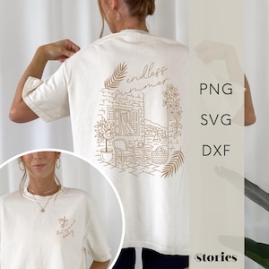 Puede incluir: Camiseta color crema con una ilustración marrón de una escena costera, que incluye una ventana, mesa, silla y cesta. Las palabras "endless summer" están escritas encima de la escena. Una imagen más pequeña en el frente presenta un diseño floral.