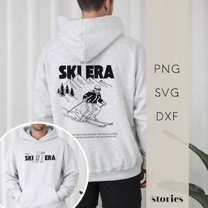 以下が含まれることがあります： 「IN MY SKIERA」の文字とスキーヤーのイラストが描かれた、バックプリントが黒のライトグレーのパーカー。パーカーの前面には「IN MY SKIERA」の文字とスキーのグラフィックが描かれています。パーカーには「ER FEELS ENDLESS AND TIME FEELS SLOWER. SNOW, MOVEMENT AND MOUNTAIN AIR.」の文字も入っています。