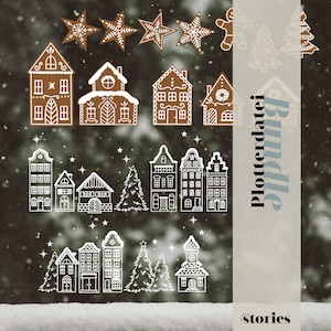 Plotterbestand SVG-set - Winter & Kerstmis - Winterlandschap peperkoekdorp winterdorp peperkoek raamdecoratie, DXF PNG, plottersjabloon