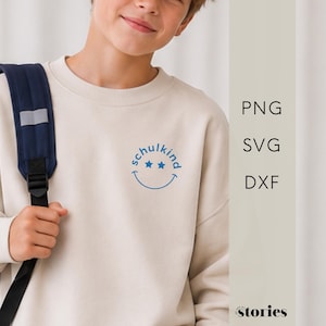 SVG plotter file - lettering "Schoolchild" with a smiling face, starting school, first day of school, first grader, plotter template, DXF & PNG