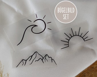 Bügelbilder - Berge Meer Sonne, Kleidung bedrucken, Sommer Set aus 3 Motiven, Applikation zum aufbügeln, Upcyling Idee - aus alt mach neu