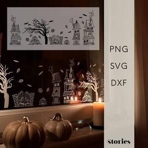 Archivo SVG para plotter de Halloween - Ciudad de Halloween | Calabazas, hojas, casas | Casas tenebrosas | Otoño DIY | Decoración de ventanas | Plantilla para Cricut