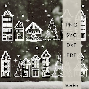 Plotter file SVG - Winter landscape | Christmas village row of houses Christmas – Christmas Village SVG window picture & winter decoration