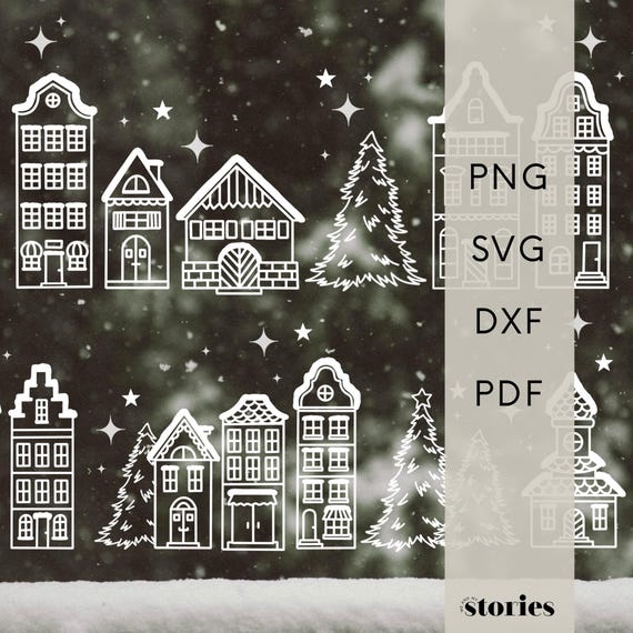 Plotterdatei SVG - Winterlandschaft | Weihnachtsdorf Häuserreihe Weihnachten – Christmas Village SVG Fensterbild & Winterdeko