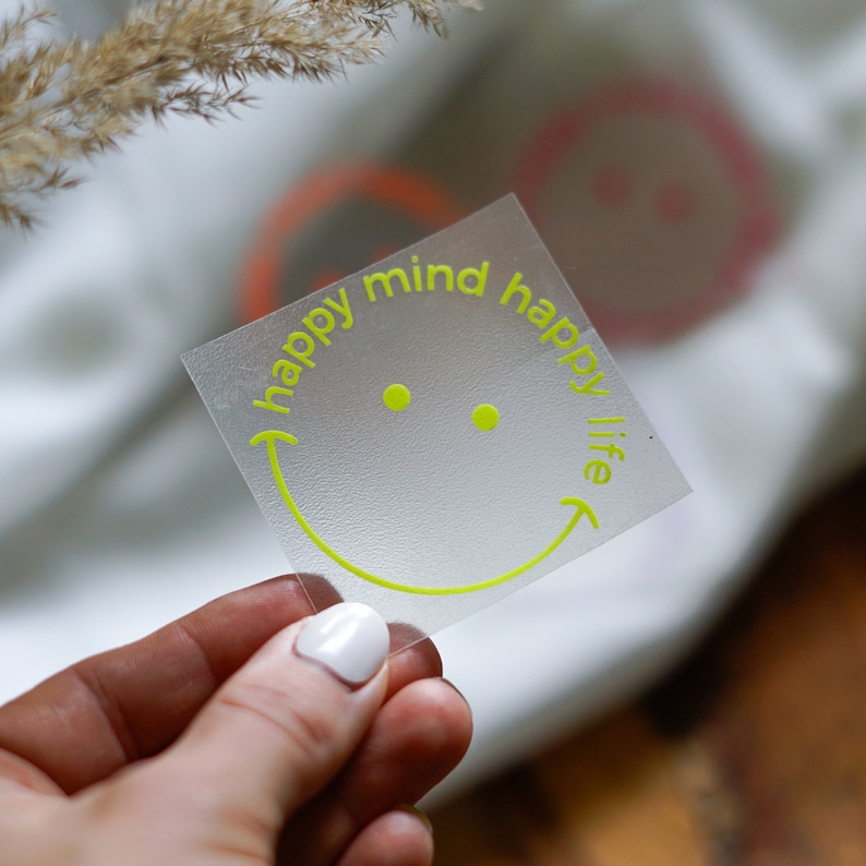 Bügelbild Aufnäher Patch Plott Spruch Schriftzug bunter Smiley, Kleidung bedrucken, Applikation zum aufbügeln, Upcycling Idee 1x neon gelb