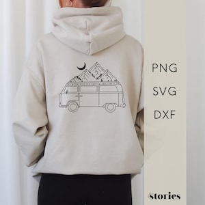 Plotterdatei SVG - Van mit Bergen | Spruch & Schriftzug "The mountains are calling" | Reise Line Art Design DXF PNG | digitaler Download