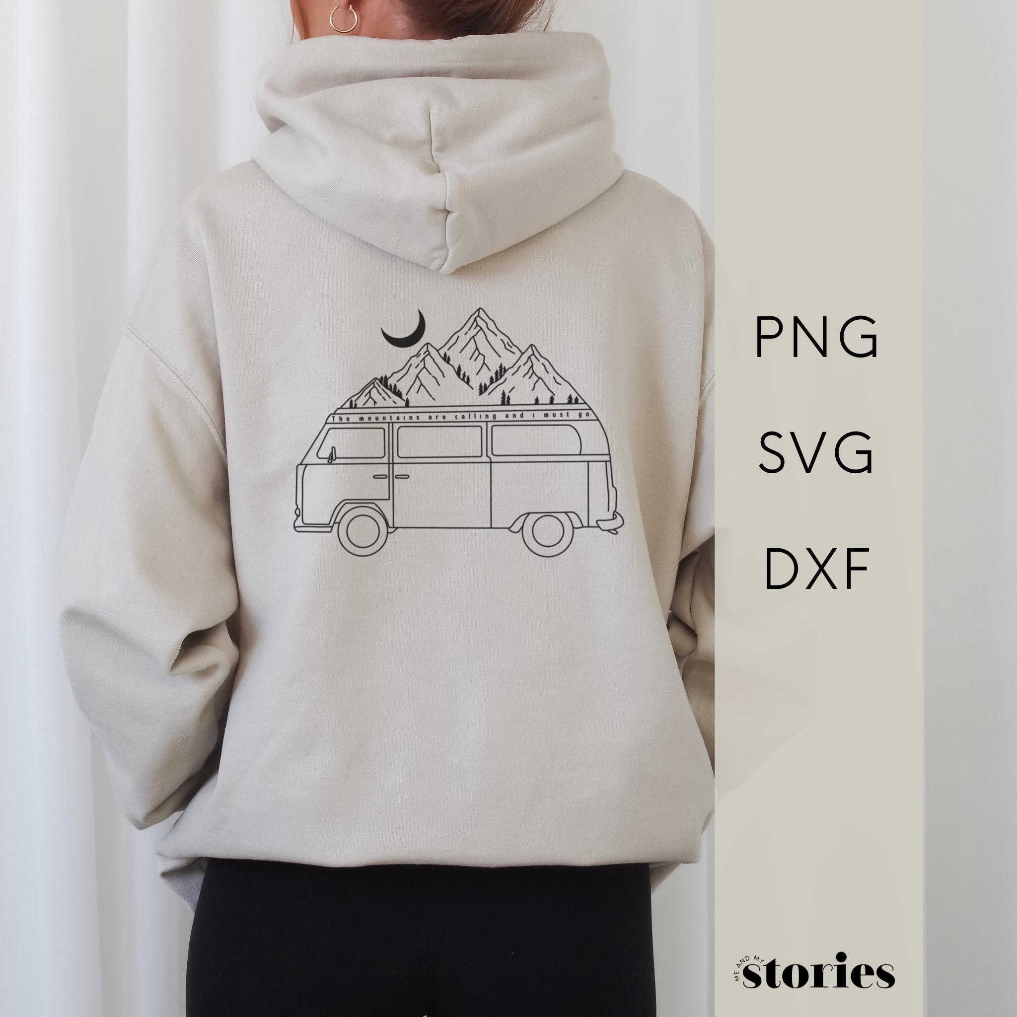 SVG plotter file - Van with mountains | Saying & lettering "The mountains are calling" | Travel line art design DXF PNG | Digital download