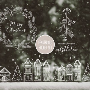 Fensterbild Weihnachten Set - Sticker Fensteraufkleber "Weihnachtskranz, Mistelzweig & Winterlandschaft", Weihnachtsdeko Fenster Häuser