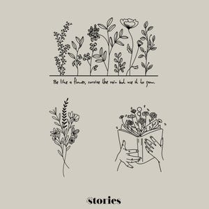 Plotterdatei SVG Set - Blumenwiese mit Spruch, Blumenstrauß & Buch mit Blüten, DXF PNG, Line Art, Plotter Vorlage für Frühling und Ostern