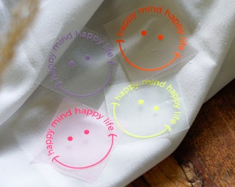 Bügelbild Aufnäher Patch Plott - Spruch Schriftzug bunter Smiley, Kleidung bedrucken, Applikation zum aufbügeln, Upcycling Idee