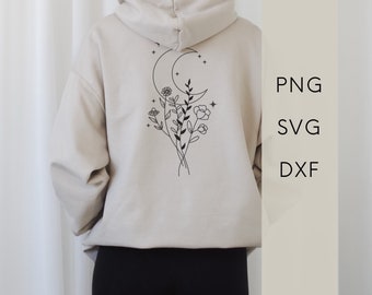 SVG プロッターファイル - ボヘミアンデザイン | 野の花、月、花 | デジタルダウンロード | プロッター用グラフィックファイル | PNG DXF | ミニマリストラインアート