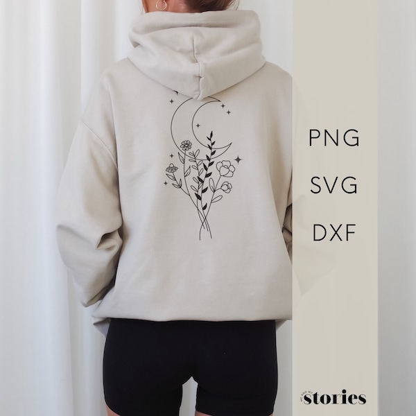 Plotterdatei SVG - Boho Wildblumen Mond Blume Sterne, digitales Produkt, Grafikdatei für Plotter, PNG DXF, Line Art minimalistisch