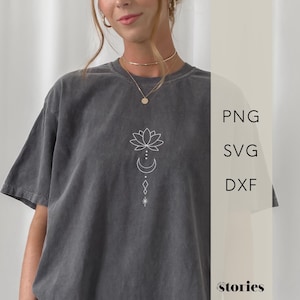 プロッター ファイル SVG - Boho ライン アート |月と蓮の花、プロッター用グラフィックファイル、デジタルダウンロード | Cricut、Silhouette、Brother 用の DXF PNG