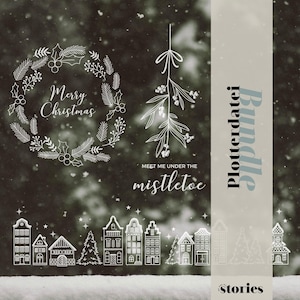 SVG plotter file set - Winter & Christmas - Winter landscape, mistletoe, Christmas wreath, winter village, window decoration, DXF PNG, plotter template