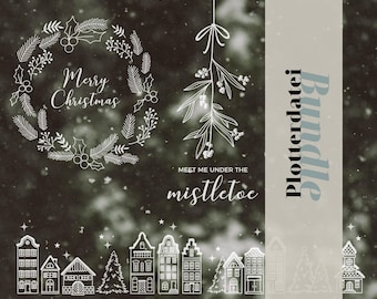 Plotter file SVG Set - Winter & Christmas - Winter landscape mistletoe Christmas wreath winter village window decoration, DXF PNG, plotter template
