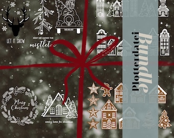 Plotter file SVG set - Winter & Christmas - winter landscape gingerbread village mistletoe wreath deer snowflake, DXF PNG plotter template