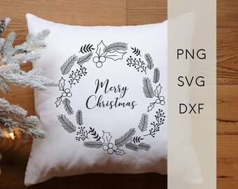 Archivo de trazador SVG - Imagen de ventana con frase "Feliz Navidad", corona de Adviento de invierno, producto digital, archivo gráfico para trazador, PNG DXF, arte lineal