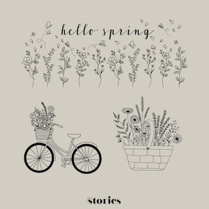 Plotterdatei SVG Set - florale Frühlings Designs im Line Art Stil | Blumenwiese, Fahrrad & Blumenkorb, Grafikdatei für Plotter, DXF PNG