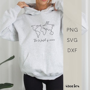 Plotterdatei SVG - The World is Mine | Weltkarte & Flugzeug Line Art | Reisedesign für Shirt, Tasche, Hoodie, digitaler Download, PNG DXF