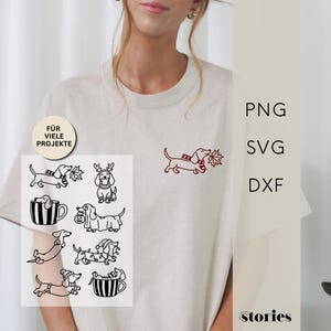 May include: A beige t-shirt featuring a small red dachshund graphic on the chest and a collection of black line art illustrations of dachshunds in various seasonal outfits, including hats, scarves, and mugs, with the text PNG, SVG, DXF.