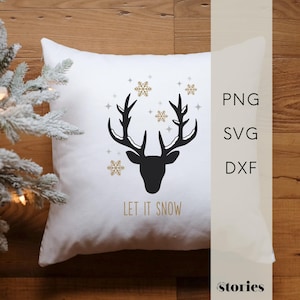 SVG plotter file - Christmas deer reindeer antlers snowflakes winter, "let it snow" saying, digital product, plotter templates, PNG DXF