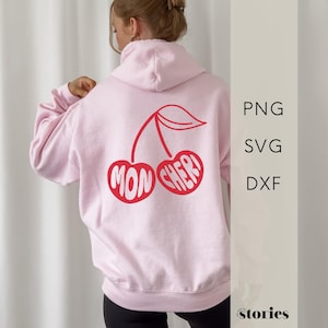 File plotter SVG - ciliegia con scritta mon chéri | Disegno di linea estiva per maglietta, felpa con cappuccio e borsa | Look da dichiarazione | DXF PNG