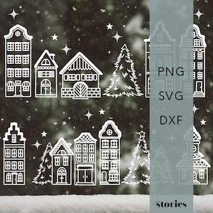 File plotter SVG - paesaggio invernale, villaggio natalizio, immagine finestra di Natale, case, decorazione invernale, prodotto digitale, modelli plotter