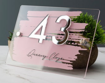 House Number Sign Printed Address Door Signage - Painted Brush Stroke With Mirror Acrylic - Multiple Sizes Available