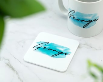 Personalised Name Coaster Watercolour Effect Printed Acrylic Drinks Coaster - Novelty Coaster Gift