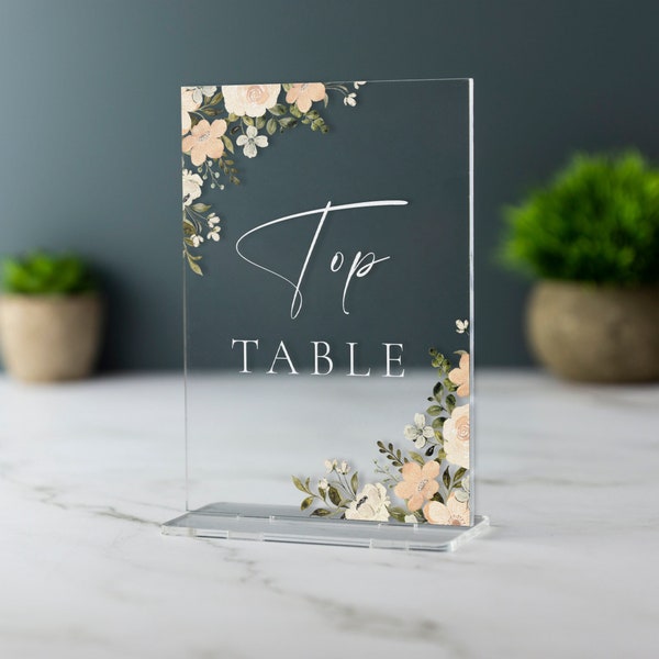 Placas acrílicas con nombre y número de mesa de boda, color melocotón floral