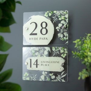 House Number Sign Printed Address Signage - Eucalyptus Modern Vintage Floral Plaque