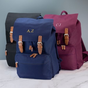 Sac à dos vintage avec initiales du nom brodées au choix Cartable de travail pour ordinateur portable avec bretelles réglables