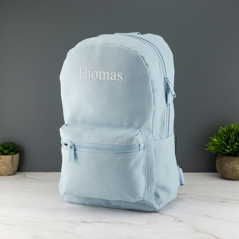 Personalised Kids Backpack Embroidered with Name Initials Choice of Colours School Bag with Adjustable Straps Powder Blue