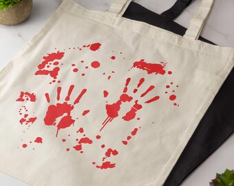 Bloody Handprint Tote Bag Halloween Horror Novelty Cotton Shopper Bag Long Handle Blood Splatter Gothic Gift Reusable Trick Or Treat Bag
