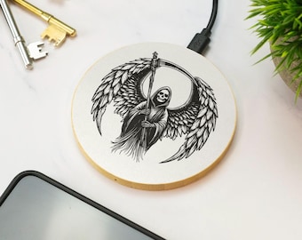 Grim Reaper Wireless Charger Wooden Gothic Skull Horror Dark Fantasy Desk Accessory Gift