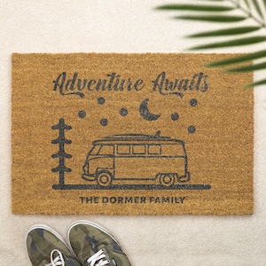 Personalised Brush Door Mat Front Door Mat Custom Adventure Awaits Camper Van Couple Gift Family Name