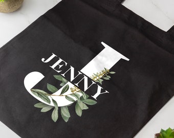 Personalised Monogram Letter Name Tote Bag Custom Name Bag Botanical Flowers Several Colours Available