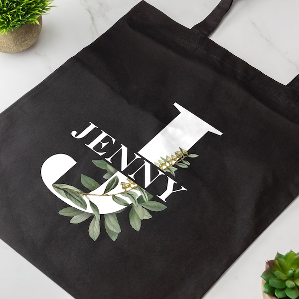 Personalised Monogram Letter Name Tote Bag Custom Name Bag Botanical Flowers Several Colours Available