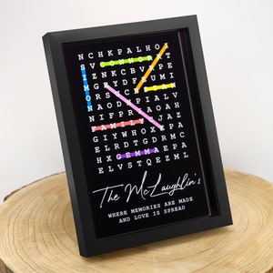 May include: A black framed word search puzzle with colorful letters spelling out the words "family", "love", "memories", and "gem". The text below the puzzle reads "The McLaughlin's Where memories are made and love is spread".