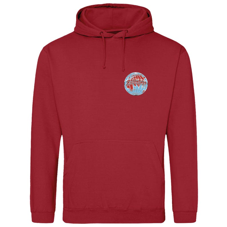 May include: A red hoodie with a front pocket and a drawstring. The sweatshirt has a circular emblem on the chest, featuring a globe design in red, white, and blue. The hoodie is made of a soft material.