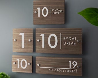 Wood House Number Sign Printed Address Signage - Walnut Effect - Multiple Sizes Available