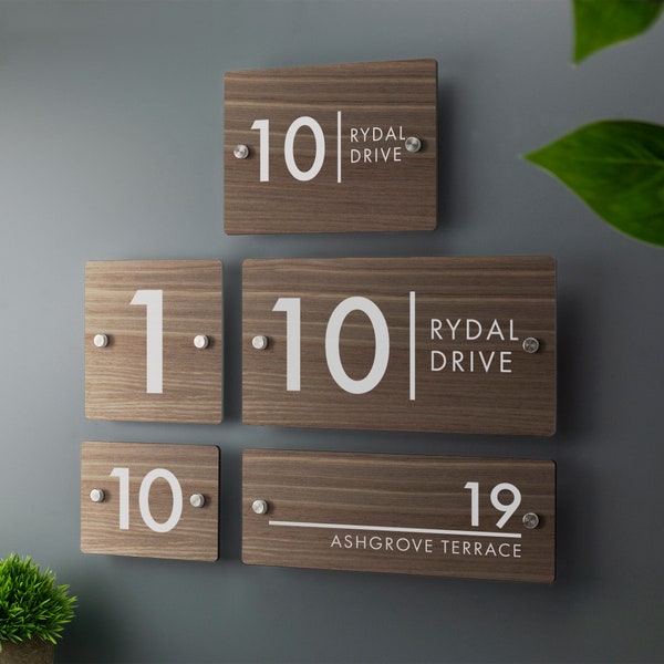 Contemporary Wood House Number Sign Printed Address Signage - Walnut Effect - Multiple Sizes Available